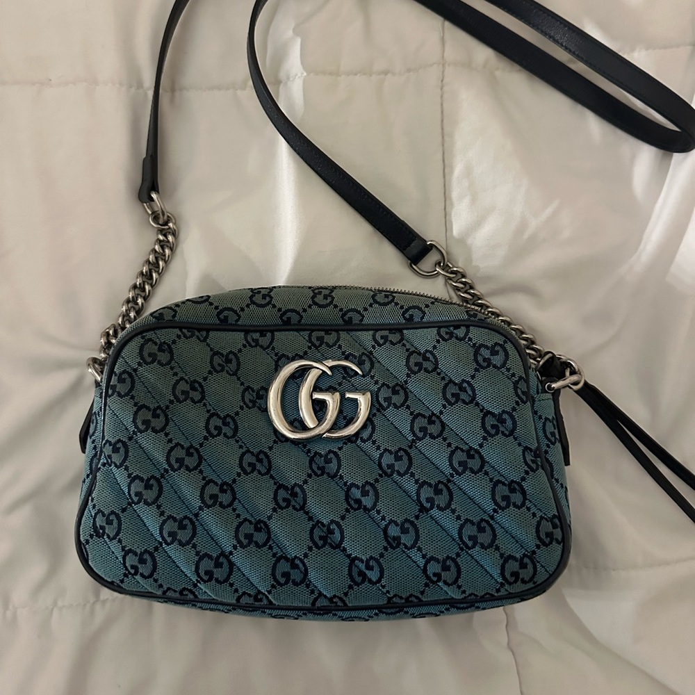 Gucci Monogram Multicolor Matelasse Diagonal Small GG Marmont Chain Shoulder Bag